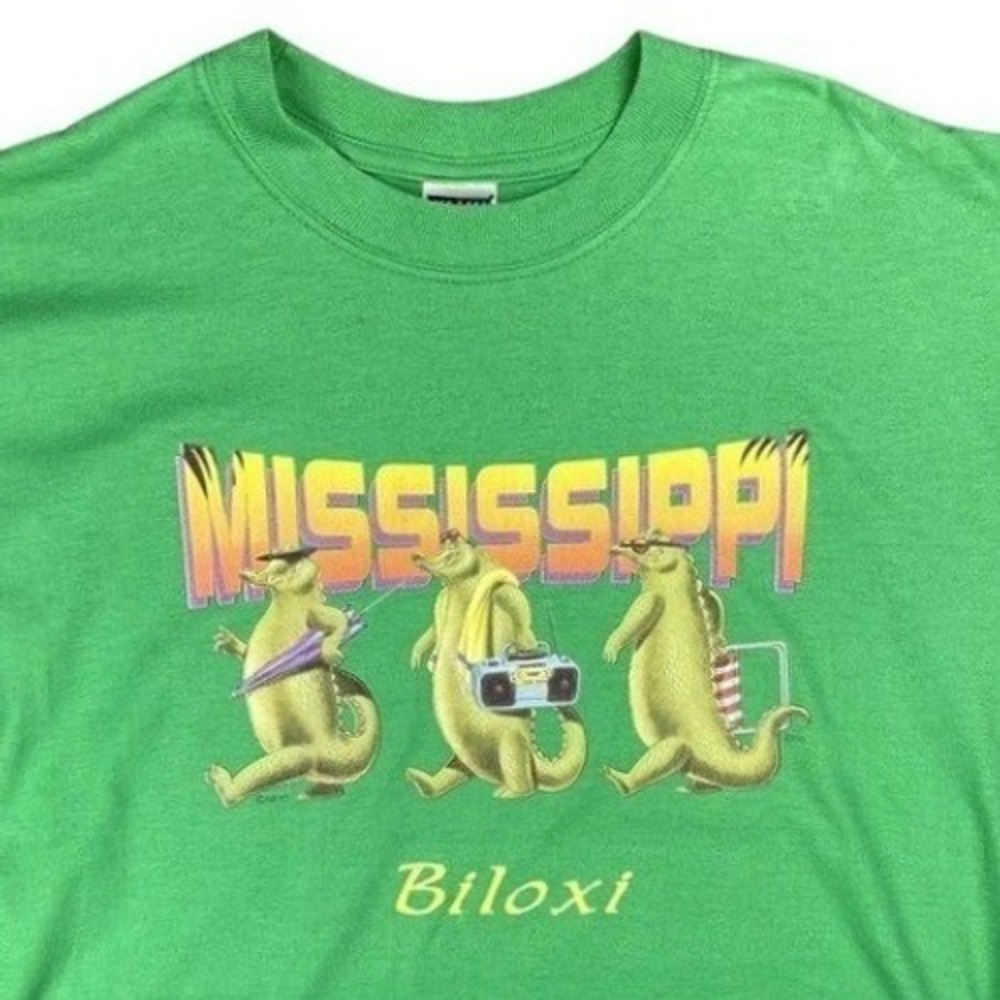 Vintage 90s Biloxi Mississippi Jerzees T-Shirt Mens M Green Alligator Souvenir